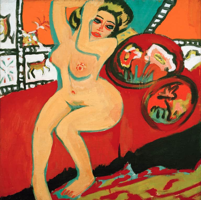 E. L. Kirchner, Sitzende Akt mit erhob. Ar.